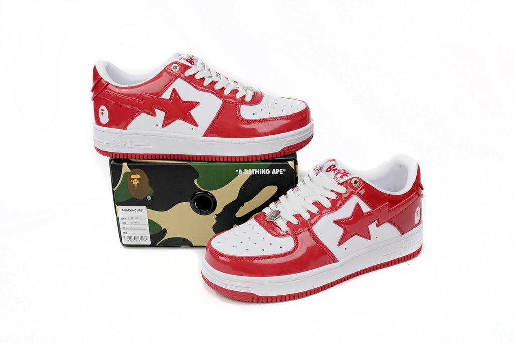 A Bathing Ape BAPE STA Low Red and White Mirror Surface Sneakers