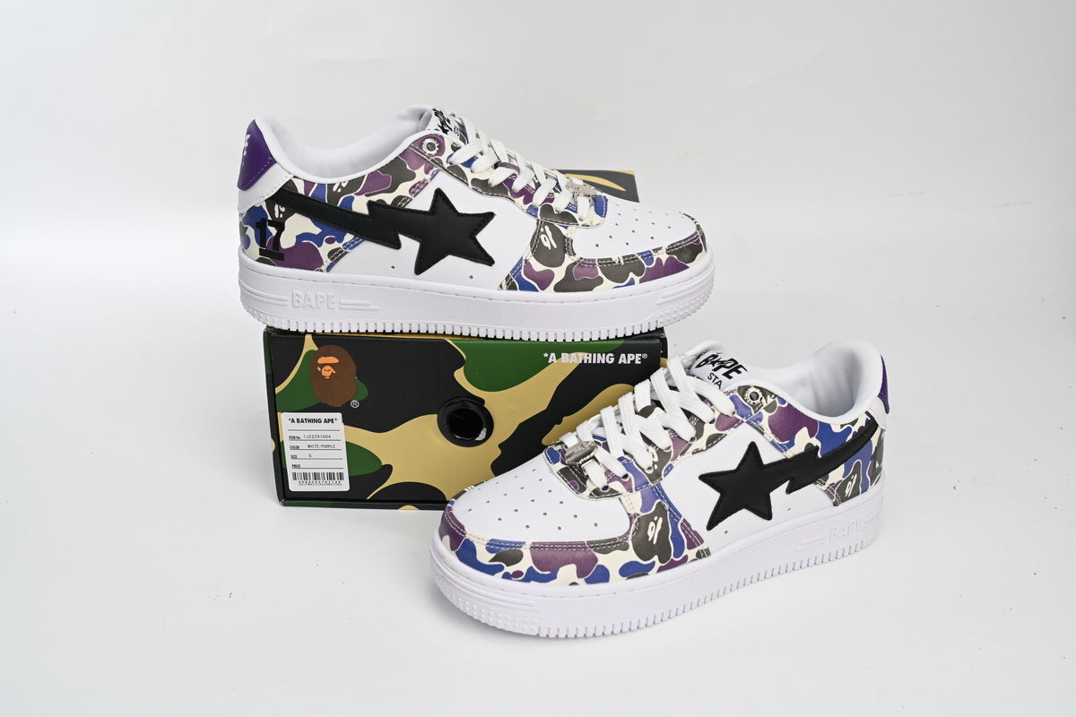 A BATHING APE BAPE STA Low White Purple Color Spray Sneakers