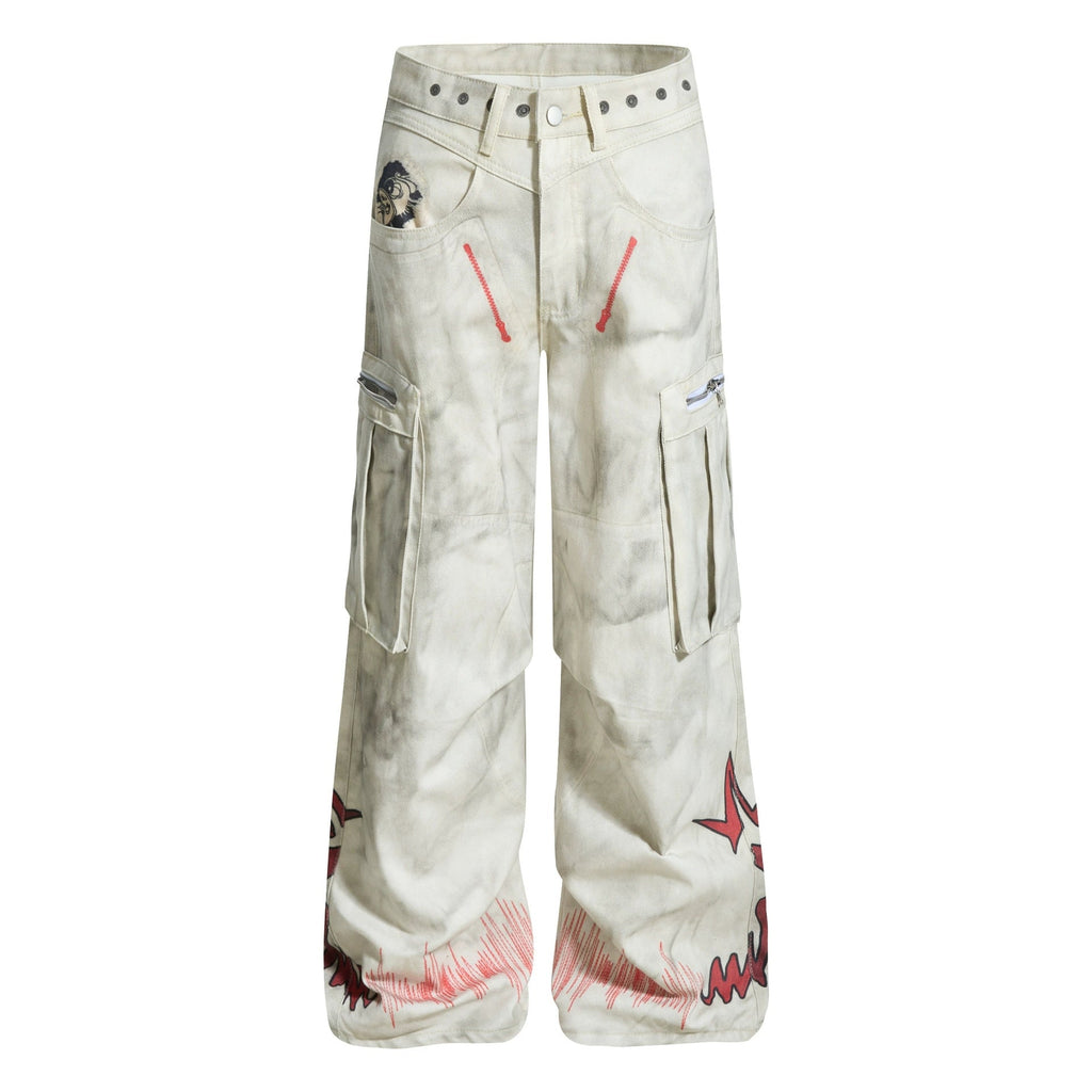 Fashion workwear jeans high street embroidery loose wide pants