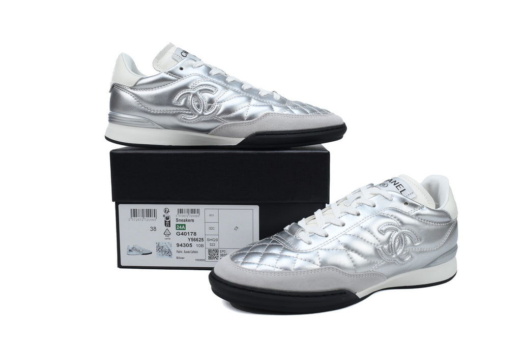 Chanel Silver Quilted Leather Sneakers