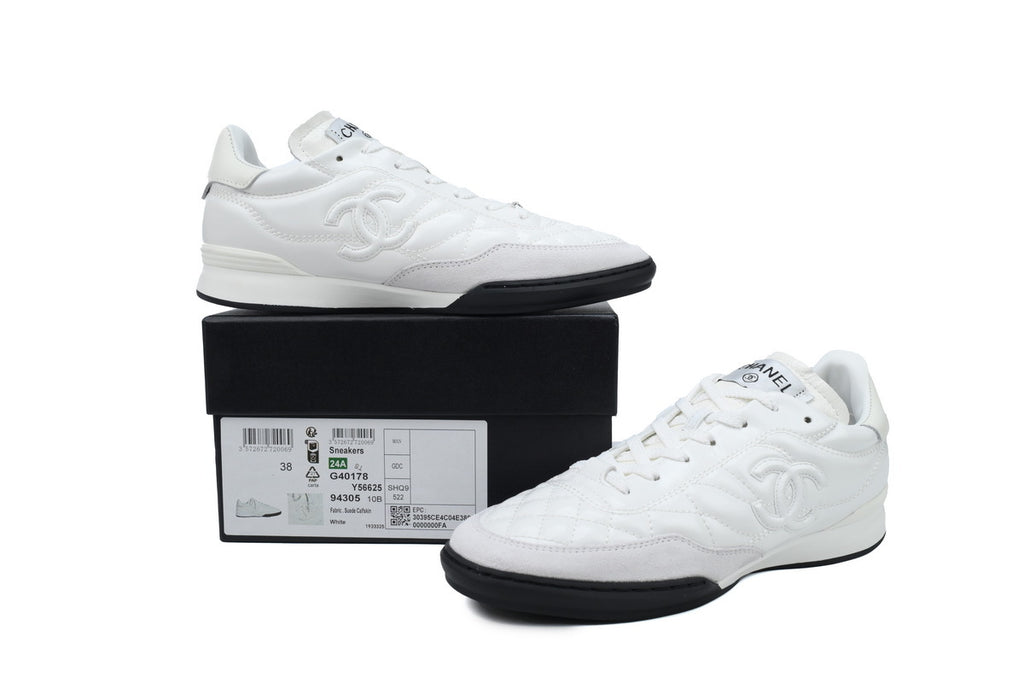 Chanel White Quilted Leather & Suede Sneakers
