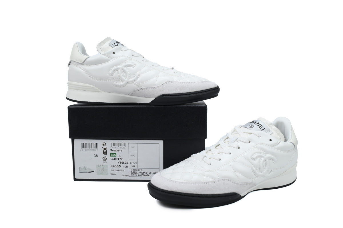 Chanel White Quilted Leather & Suede Sneakers