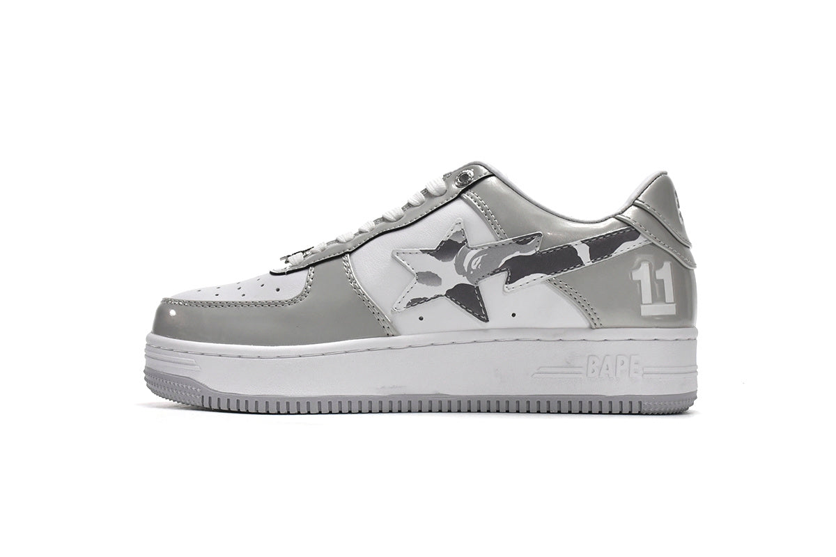 A BATHING APE BAPE STA Low White Grey Mirror Surface Sneakers