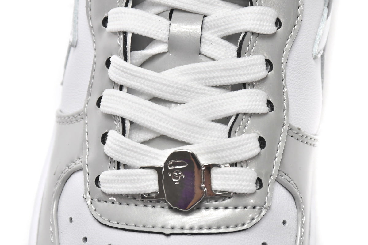 A BATHING APE BAPE STA Low White Grey Mirror Surface Sneakers