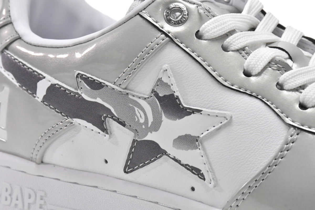 A BATHING APE BAPE STA Low White Grey Mirror Surface Sneakers