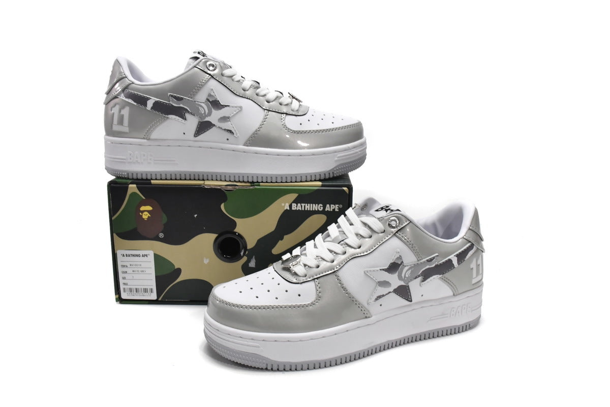 A BATHING APE BAPE STA Low White Grey Mirror Surface Sneakers