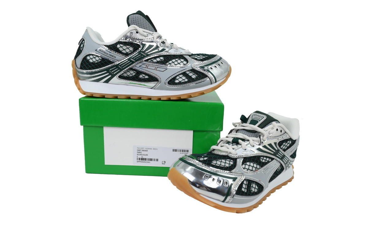 Bottega Veneta Orbit Dark Green Silver Mesh Sneakers