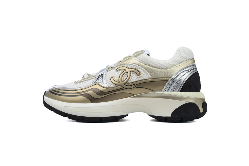 Chanel Khaki Mesh & Metallic Leather Sneakers