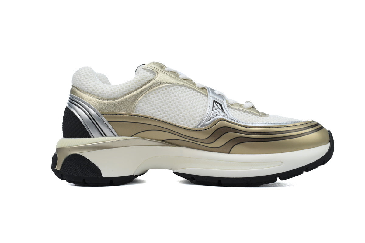 Chanel Khaki Mesh & Metallic Leather Sneakers