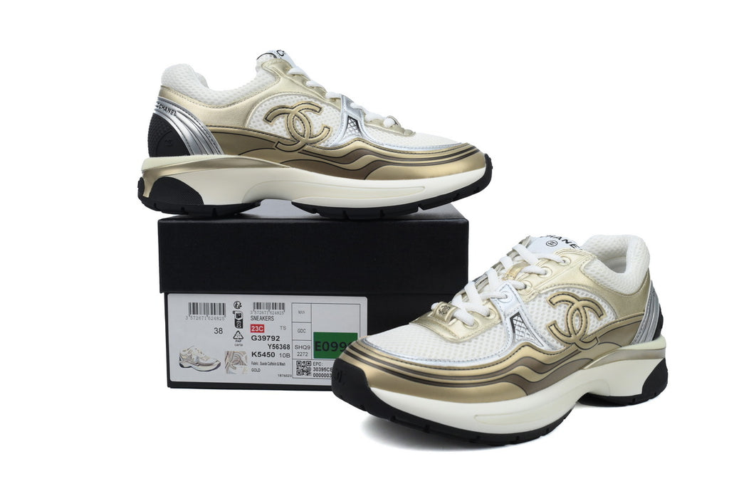Chanel Khaki Mesh & Metallic Leather Sneakers