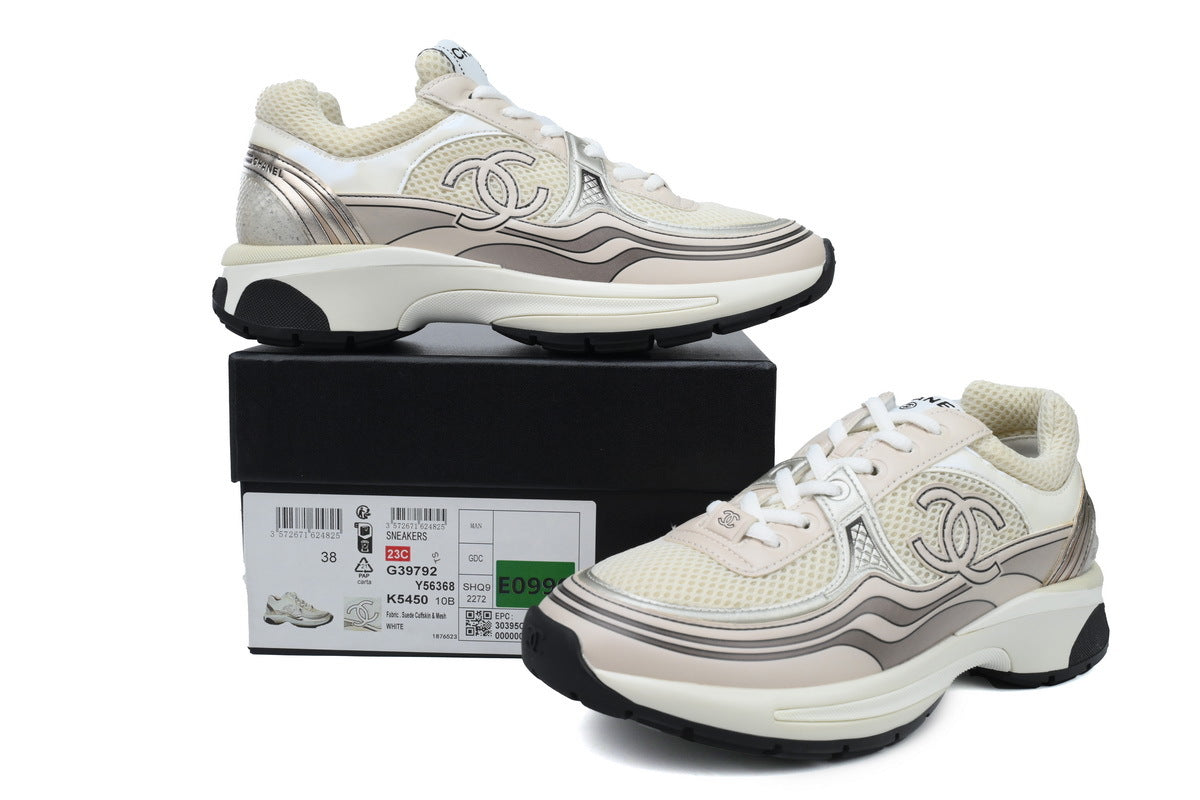 Chanel Rose Gold Metallic Fabric & Leather Sneakers
