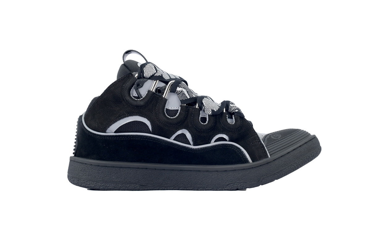 LANVIN Curb Leather Sneakers – Black/Grey Tonal