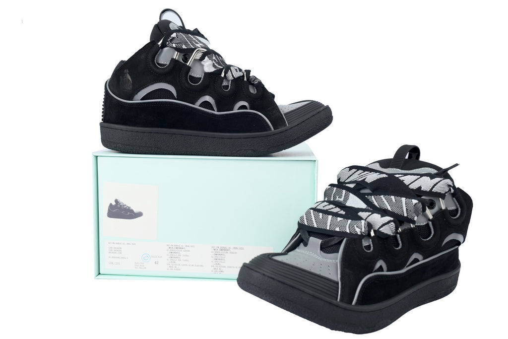 LANVIN Curb Leather Sneakers – Black/Grey Tonal