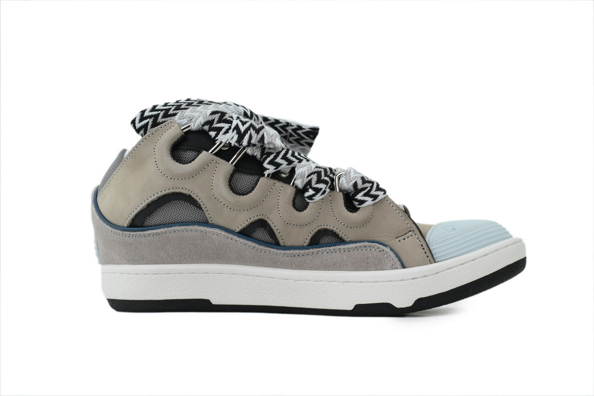 LANVIN Curb Leather Sneakers – Grey/Light Blue