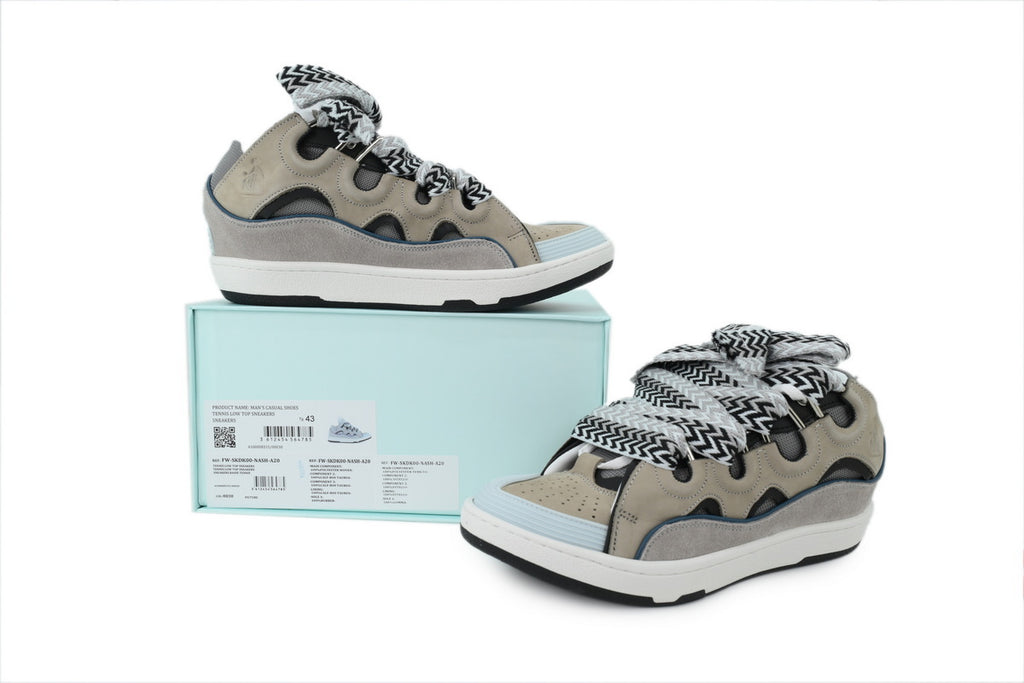 LANVIN Curb Leather Sneakers – Grey/Light Blue