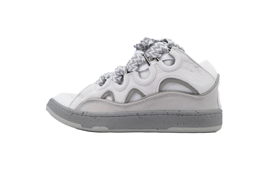 LANVIN Curb Leather Sneakers – White/Grey Two-Tone