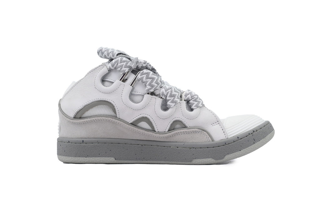 LANVIN Curb Leather Sneakers – White/Grey Two-Tone