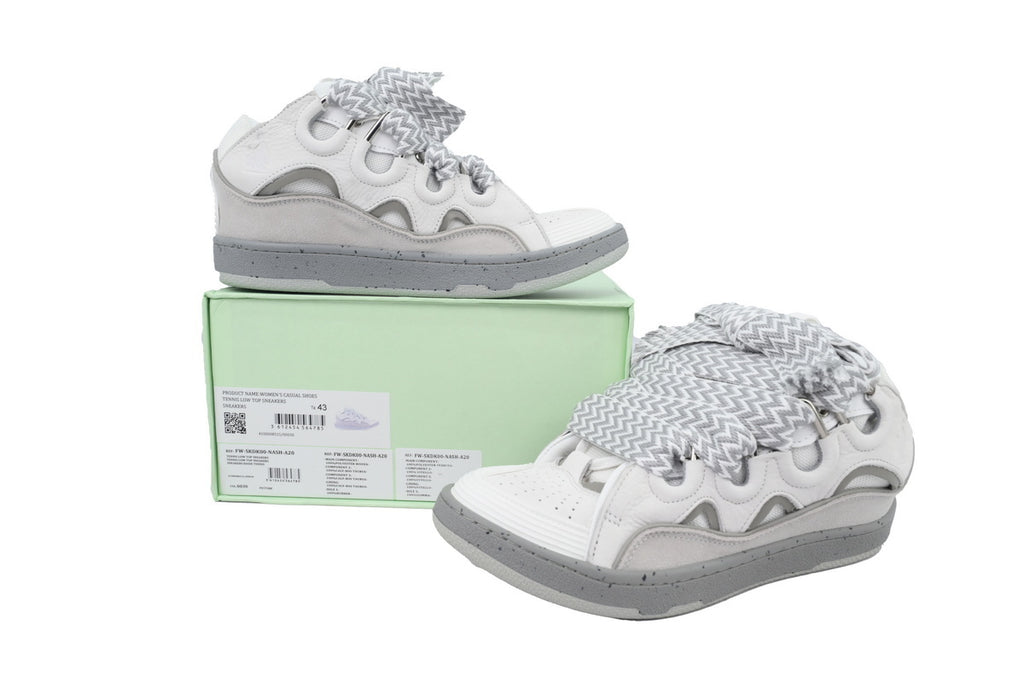 LANVIN Curb Leather Sneakers – White/Grey Two-Tone