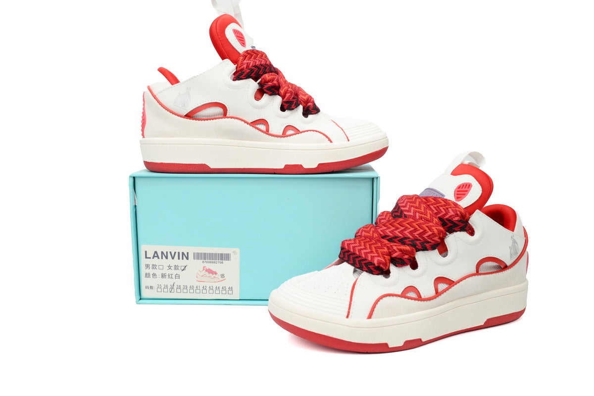LANVIN Curb Leather Sneakers – White/Red