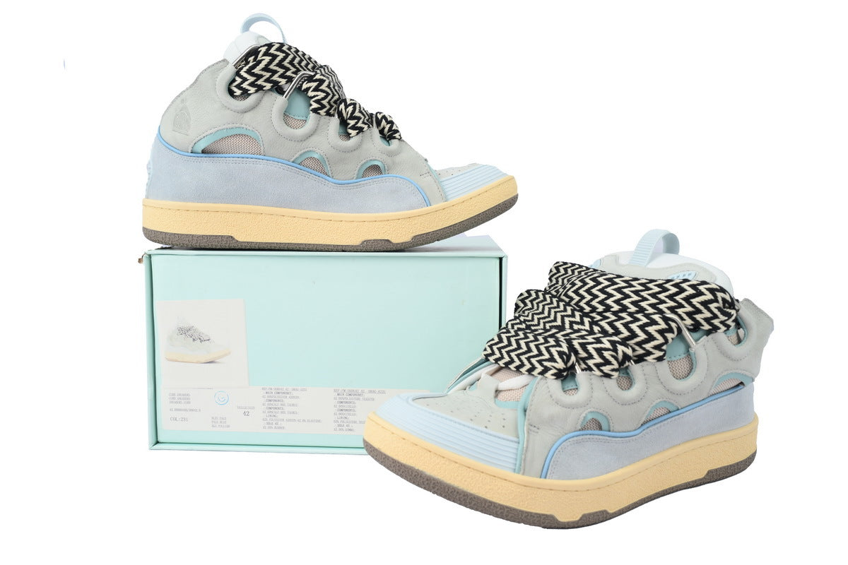 LANVIN Curb Leather Sneakers – Grey/Blue
