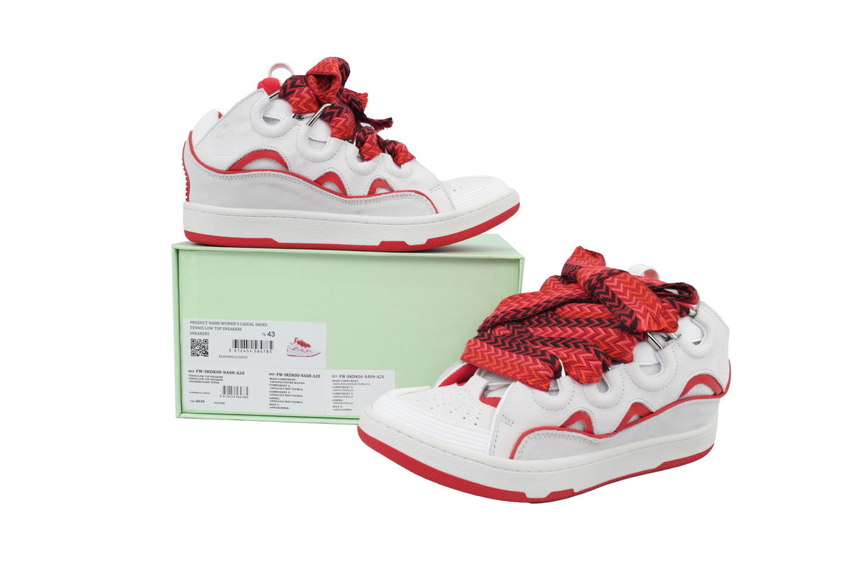 LANVIN Curb Leather Sneakers – White/Red Classic
