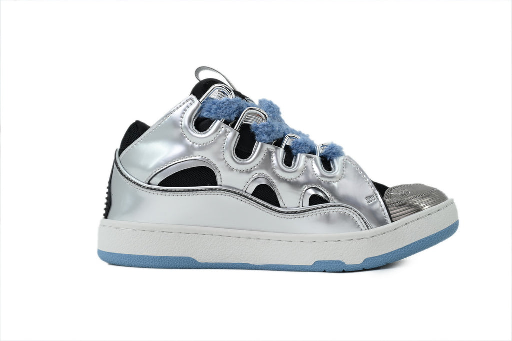 Lanvin Curb Sneakers – Metallic Silver/Blue Laces