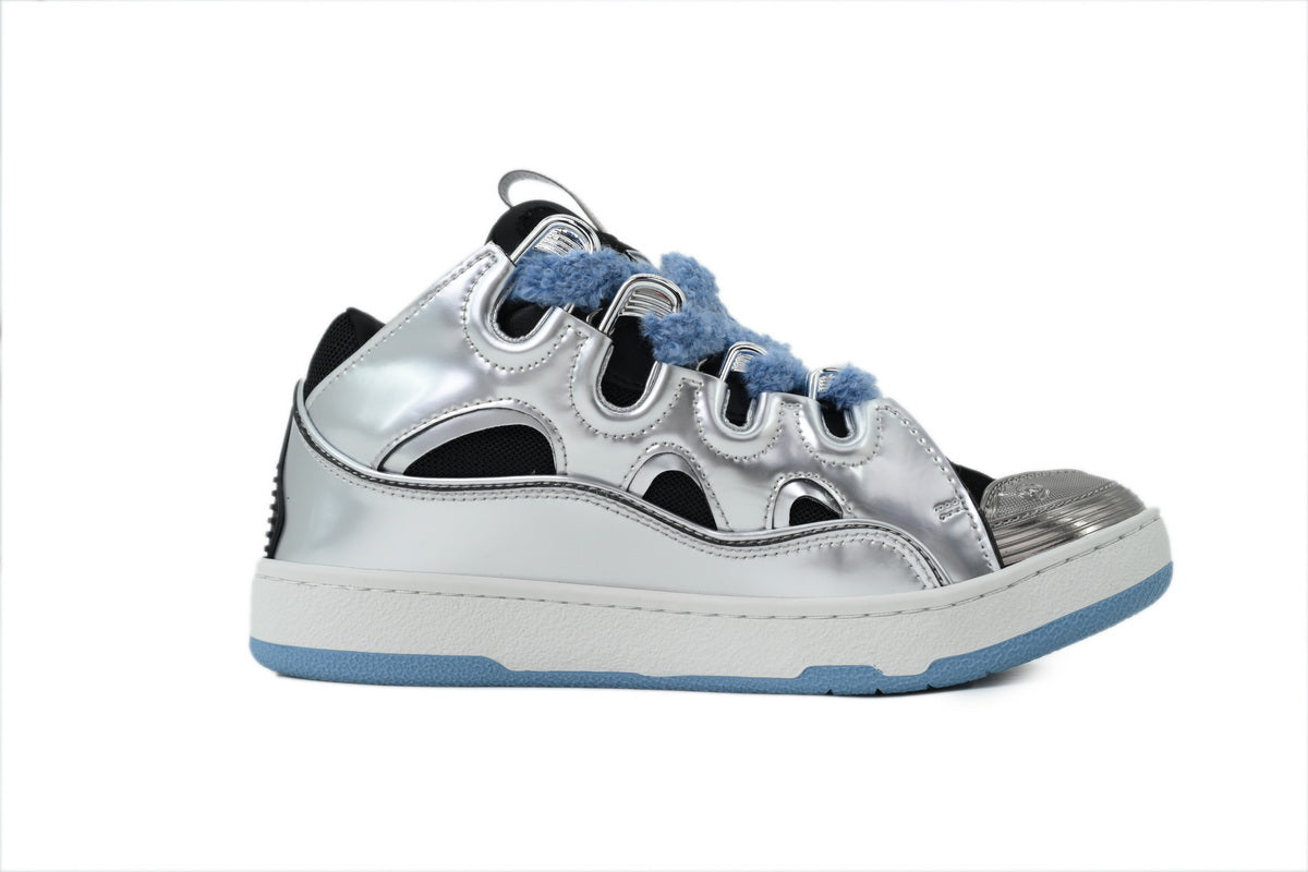 Lanvin Curb Sneakers – Metallic Silver/Blue Laces