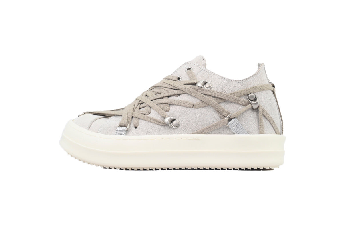 Rick Owens Hollywood Megalaced Low Rice White Suede Sneakers