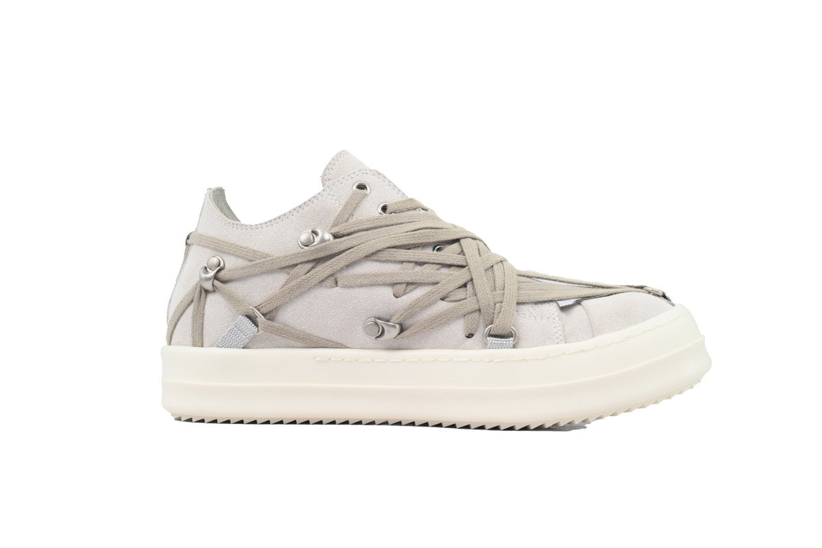 Rick Owens Hollywood Megalaced Low Rice White Suede Sneakers