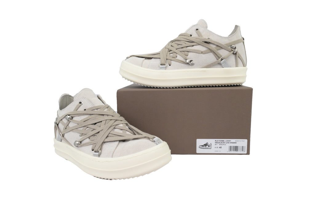 Rick Owens Hollywood Megalaced Low Rice White Suede Sneakers
