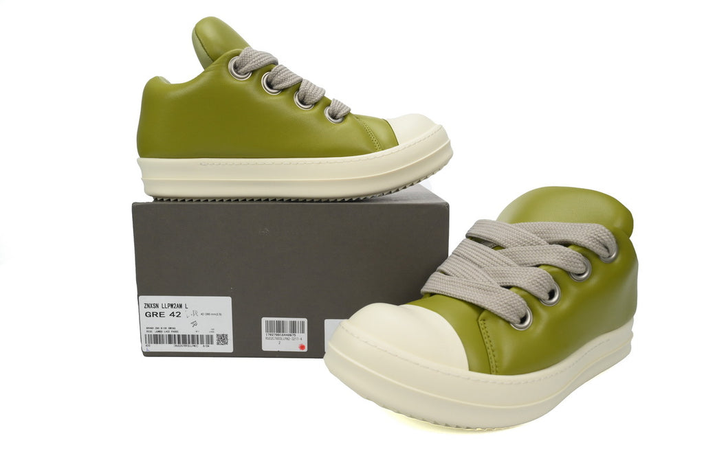 Rick Owens Jumbo Puffer Low Light Green Leather Sneakers