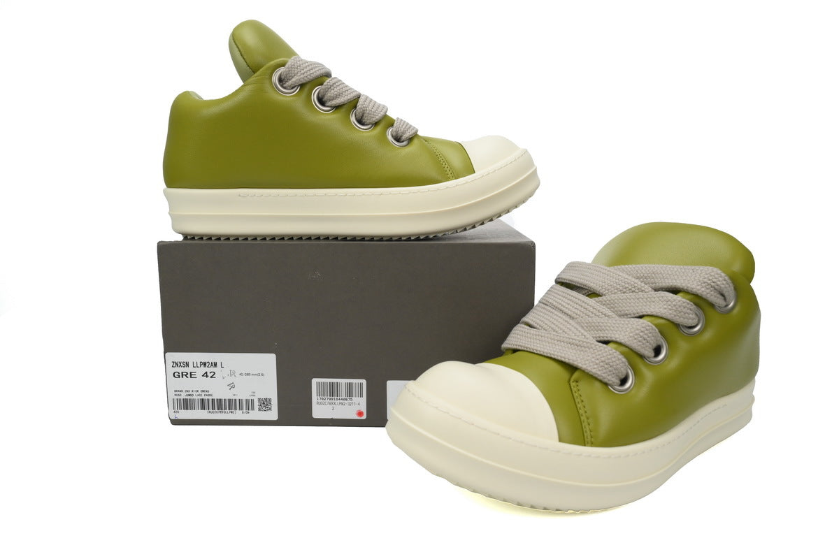 Rick Owens Jumbo Puffer Low Light Green Leather Sneakers