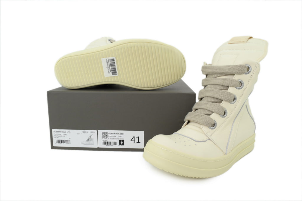 Rick Owens Jumbolace Geobasket Triple White Leather Sneakers